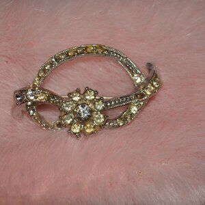 Vintage Brooch Pin of Yellow and White Rhinestones